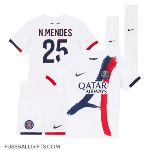 Paris Saint-Germain Nuno Mendes #25 Fußballbekleidung Auswärtstrikot Kinder 2024-25 Kurzarm (+ kurze hosen)